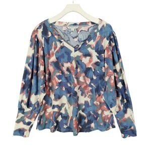 Zac & Rachel Womans Earthy Abstract Camo Artsy Waffle Knit Top 1X Blue Puff Slve